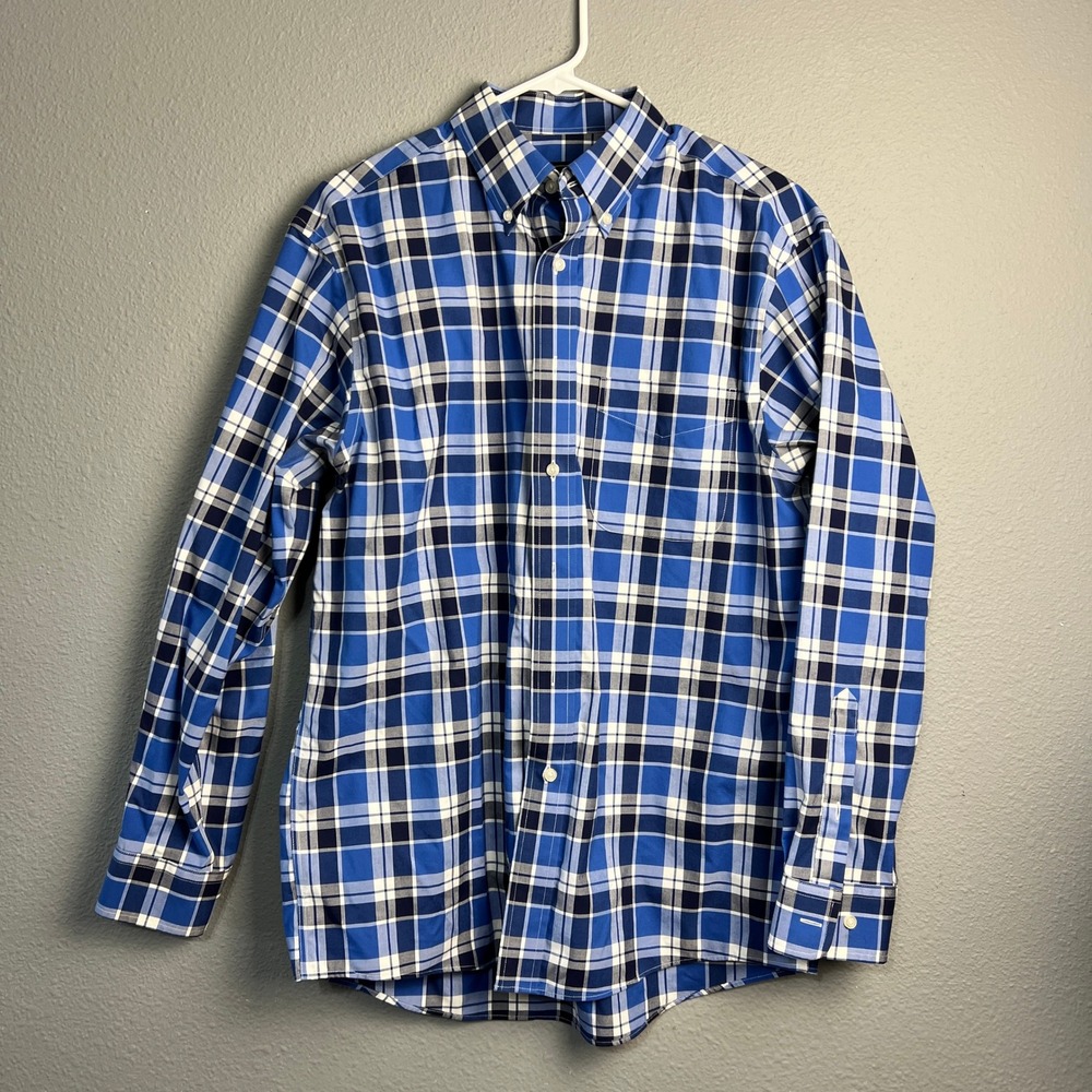 Jos. A. Bank‎ Traveler Mens Medium Blue White Plaid Cotton Button Down Shirt